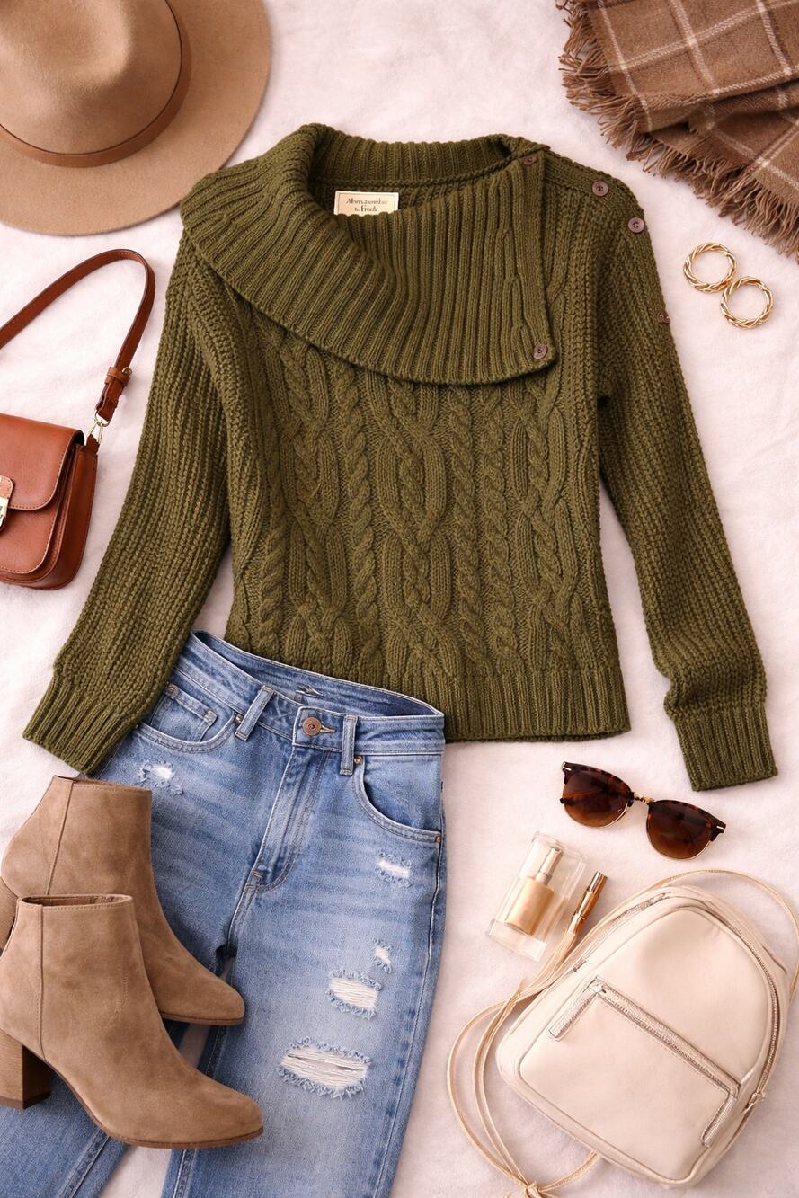 Abercrombie & Fitch Women's Side Button Cable Knit Sweater Army Green Size XS